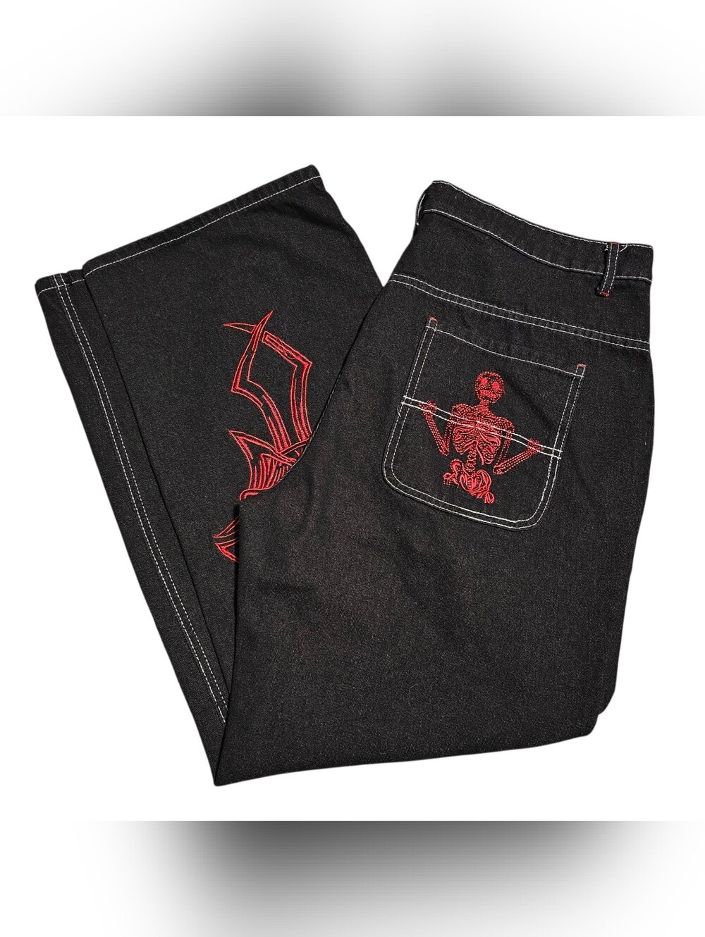 Heaven Can Wait HCW Black Denim Jeans Red Embroidered Skull Skeleton Baggy XXL